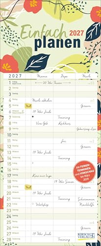 Einfach planen 2027: Familienkalender, 3 Spalten. Familientimer mit Ferienterminen, extra Spalte und Vorschau bis März 2027. Kleines Format: 14 x 34 cm