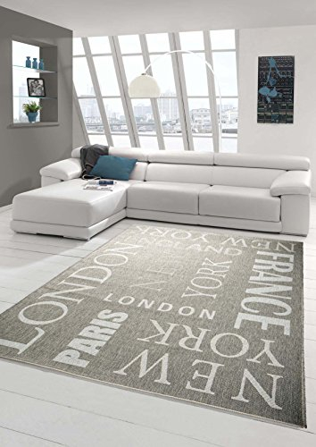 Traum Teppich Küchenläufer Flachgewebe Teppich Sisal Optik modernes Design Städte New York London Paris City in grau weiß Größe 80x200 cm