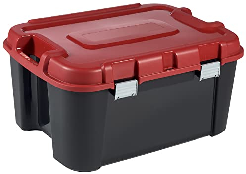 KETER Malle de Rangement Totem 60L - Boîte multifonction Cadenassable - Facile à Transporter, Poignées Confortables, 2 Roues- Pour Garage, Bricolage, Cabanon - 59 x 39,5 x 36 cm - Noir/rouge