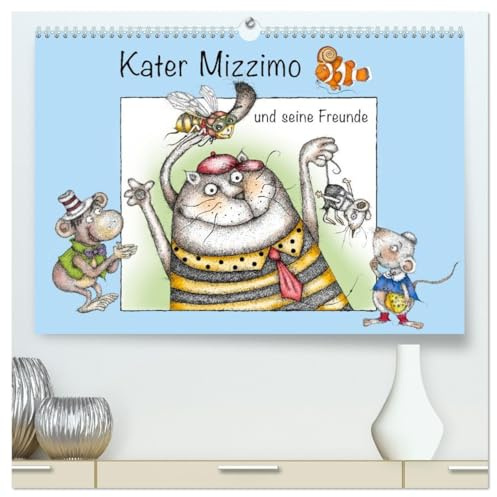Kater Mizzimo und seine Freunde (hochwertiger Premium Wandkalender 2026 DIN A2 quer), Kunstdruck in Hochglanz: Kolorierte Federzeichnungen voller Spaß und Abenteuer (CALVENDO Spass)
