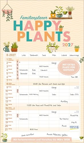 Familienplaner Happy Plants 2027: Familientimer, 6 große Spalten. Mit Ferienterminen, extra Spalte und Vorschau bis März 2027 und vielem mehr. Format: 27 x 46 cm