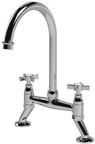 Nuie KB306/KB316 KB306 ǀ Traditional Kitchen Bridge Sink Mixer Tap with Crosshead Handles, 385mm x 210mm, Chrome
