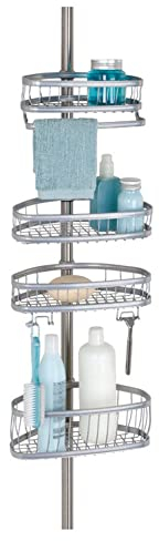 iDesign York Teleskop Duschregal | mit Handtuchhalter und Haken | hochwertige Duschablage ohne Bohren | vierfacher Duschkorb für mehr Stauraum | Metall silber lackiert