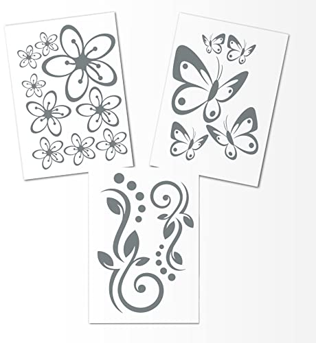Hibiskus Schmetterling Blüten Ornament SET I - grau - 30x21cm - Wall Sticker Wandtattoo Wandaufkleber - Dekoration, Küche, Wohnzimmer, Schlafzimmer, Badezimmer