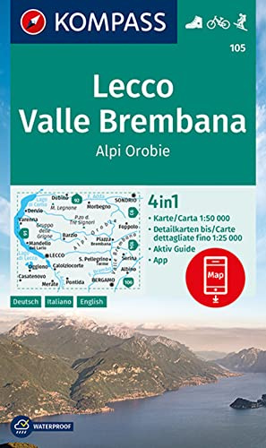 KOMPASS Wanderkarte 105 Lecco, Valle Brembana, Alpi Orobie 1:50.000: 4in1 Wanderkarte mit Aktiv Guide und Detailkarten inklusive Karte zur offline ... in der KOMPASS-App. Fahrradfahren. Skitouren.