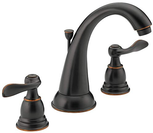 Delta Windemere Oil Rubbed Bronze Bathroom Faucet 3 Hole, 8 Inch Widespread Bathroom Sink Faucet for Vanity, Metal Push-Pop Drain Assembly, Oil Rubbed Bronze B3596LF-OB