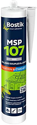 Bostik Mastic Colle de Fixation et d'Étanchéité MSP 107 – Collages Souples et Joints – Intérieur/Extérieur – Multi-Matériaux – Technologie MS Polymères – Sans Solvant ni Isocyanates – Gris – 290 ml