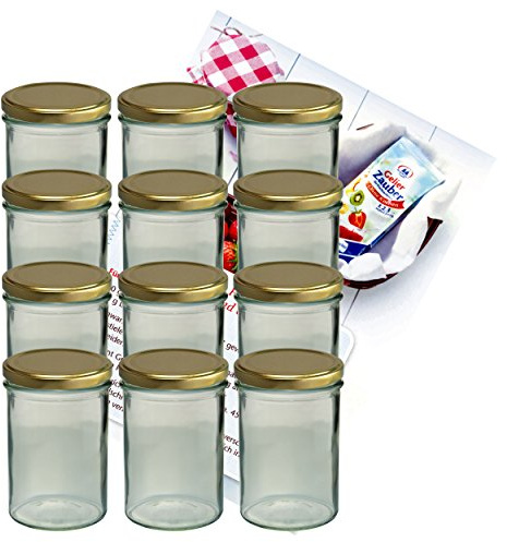 MamboCat 12er Set Sturzglas 435 ml Marmeladenglas Einmachglas Einweckglas to 82 Goldener Deckel incl. Diamant-Zucker Gelierzauber Rezeptheft