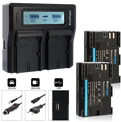 Blumax 2X Akku LP-E6N 2000mAh + Doppelladegerät LP-E6N Dual Charger | passend zu Canon EOS 60D, EOS 70D, EOS 6D, EOS 60D, EOS 70D, EOS 5D Mark III || 2 Akkus gleichzeitig Laden -