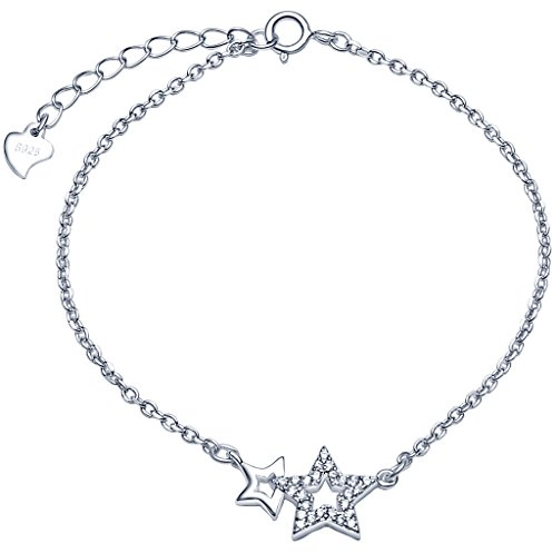Unendlich U Fashion Doppel Sterne Damen Armband 925 Sterling Silber Zirkonia Armkette Verstellbar Charm Armkettchen Armreif, Silber
