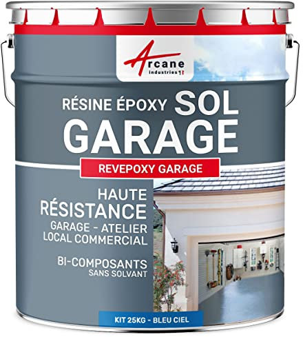 Peinture epoxy, garage, sol, atelier, local, commercial, magasin : Revepoxy garage - 25 kg (jusqu'à 80 m² en 2 couches) Bleu Ciel - RAL 5015 - ARCANE INDUSTRIES