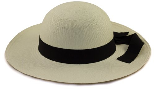 Damen echter Panama -Sonnenhut, weiß mit schwarzem Band - rollbar, faltbar. Aus natürlichen Faser handgewebt in Ecuador. 58cm