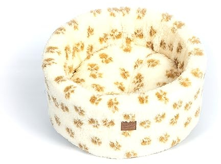 Danish Design Sherpa Fleece Beight Brown Paw Print Machine Washable Cat/Kitten Cosy Bed Small 42 cm