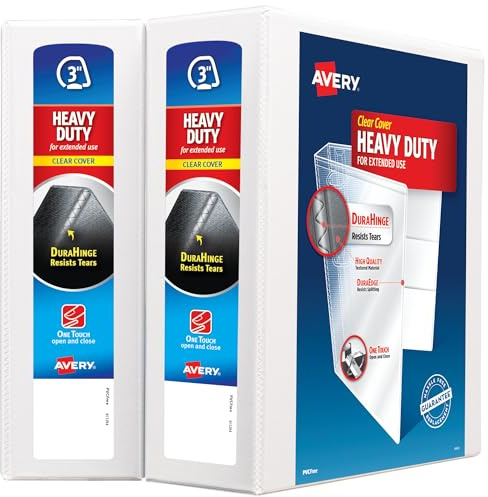 Avery Heavy-Duty View 3 Ring Binder, 3 One Touch Slant Rings, Holds 8.5 x 11 Paper, 2 White Binders (79791)