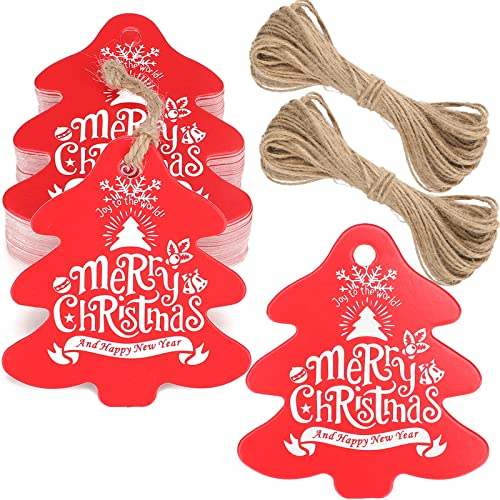G2PLUS Weihnachtsbaum Geform Geschenkanhänger - 100 Stück Weihnachten Etiketten Tags - 6x6.5 CM Papier Hängeetiketten mit Schnur zum Adventskalender und Weihnachtsgeschenke verziert