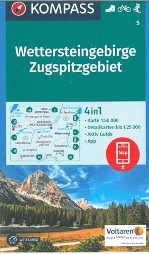 KOMPASS Wanderkarte Wettersteingebirge, Zugspitzgebiet: 4in1 Wanderkarte 1:50000 mit Aktiv Guide und Detailkarten inklusive Karte zur offline ... Skitouren. (KOMPASS-Wanderkarten, Band 5)