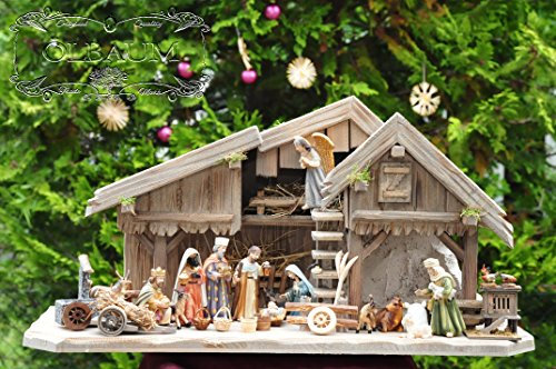 ÖLBAUM-Krippe KS70gg-MFPO-SKR-T2LF2 XXL Weihnachtskrippe, mit GRANITBRUNNEN Wassergrand + Premium-DEKOSET Krippenstall, Massivholz GEBEIZT - mit Premium- Krippenfiguren Oriental + Engel -