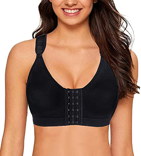 YIANNA Women Post Surgery Front Fastening Sports Bra Yoga Racerback Bras Black Post op Bra, 128 Size 2XL