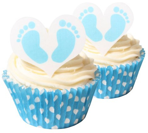 12 Baby Jungen Füsse, essbare Kuchendekoration & 12 Babyblaue Pünktchen Muffinförmchen / 12 Baby Boy Feet Edible Cake Decorations & 12 baby blue polka dot muffin cases