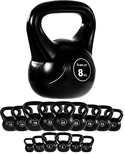 MOVIT Kettlebell BASIC BLACK, Kugelhantel mit Bodenschonender Kunststoffhülle, 1 bis 20 kg, Schadstoffgeprüft, 8 kg