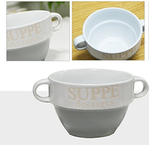 6er Set Suppentasse Suppen Tasse Suppenschüssel Schüssel Suppenterrine Landhaus Suppentassen 8 cm Ø 13 cm Suppenschalen für 6 Personen aus Porzellan, Schalen Füllmenge: 550 ml, mit Henkeln Grau
