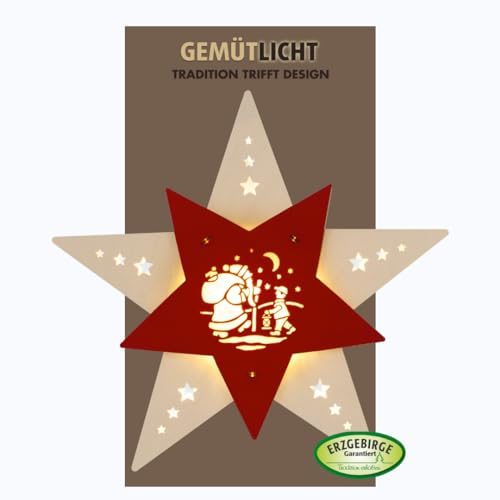 weigla - Fensterbild original Erzgebirge Stern Knecht Ruprecht I Weihnachtsdeko Fenster I 1 LED Lampe I 0,8 W, E14 I Fensterbild Weihnachten I Weihnachtsbeleuchtung Holz I Fensterdeko hängend