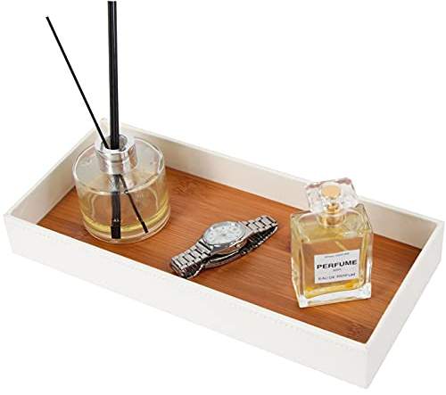 J JACKCUBE DESIGN Leather Bamboo Vanity Tray, Bathroom Organizer, Catch All Valet Tray for Women Perfume, Jewelry, Makeup, Candles, Key, Phone, Sunglasses (White)- MK205B