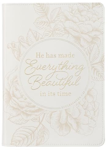 Christian Art Gifts White Vegan Leather Journal, Inspirational Notebook Scripture, Flexible Cover, 336 Ruled Pages, Ribbon Bookmark, Ecclesiastes 3:11 Bible Verse