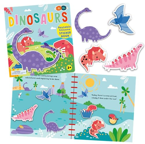 Buddy & Barney: Reusable Silicone Sticker Book - Dinosaurs - Interactive Activity, Mix & Match Dino Scenes, Waterproof Spiralbound Storybook, Kids 3+