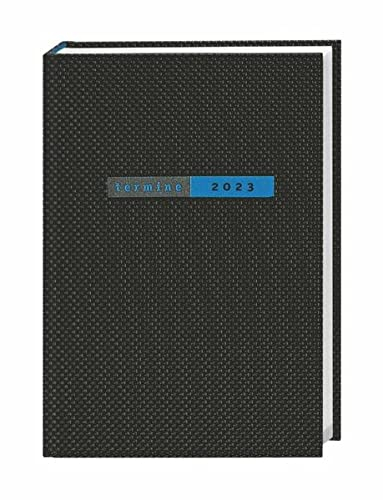 Terminer A6 2023. Schwarzer Terminkalender mit strukturiertem Einband. Wochenplaner mit Zitaten und Lesebändchen. Taschenkalender 2023 zum Planen von Terminen