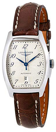 Longines Damen Evidenza Automatikuhr mit weißem Zifferblatt, braunem Lederarmband und 30 m Wasserdichtigkeit