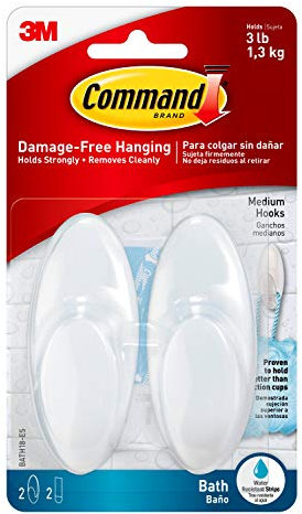 Command BATH18-ES Medium Bath Hooks with Water Resistant Strips, White, Standard