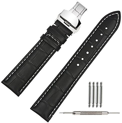 TStrap Uhrenarmband 21mm Leder - Armband Schwarz Herren - Lederarmband Uhrenband mit Edelstahl Faltschließe Faltschliesse - 18mm 19mm 21mm 22mm