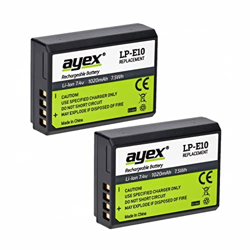 ayex LP-E10 Lot de 2 batteries Li-Ion pour Canon EOS 1100D, 1200D, Rebel T3