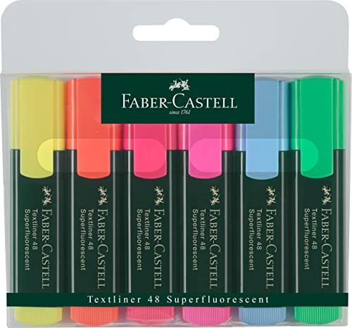 Faber-Castell 154806 - Set de surligneurs TL 48, étui de 6 pièces, couleurs néon, pointe biseautée longue durée, largeur de trait 1 - 5 mm, rechargeable