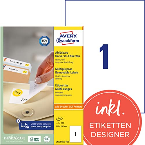 AVERY Zweckform L4735REV-25 Universal Etiketten (25 plus 5 Klebeetiketten extra, 210x297mm auf A4, wieder rückstandsfrei ablösbar/abziehbar, bedruckbar, selbstklebende Aufkleber) 30 Blatt, weiß