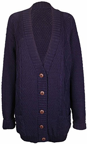 New Womens Everyday Long Sleeve Button Top Ladies Chunky Aran Cable Knit Grandad Cardigan Navy Blue Size 16