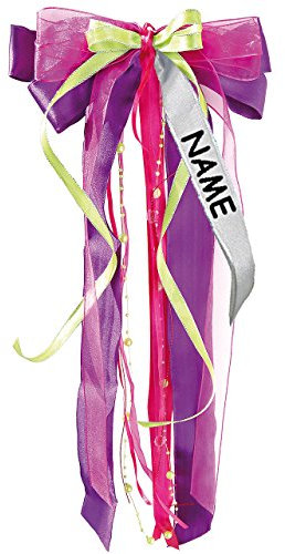 alles-meine.de GmbH große 3-D Schleife - 24 cm breit u. 55 cm lang - violett/lila - grün & pink - incl. Name/Text - Geschenkschleife/Geschenkband mit edlen Satin Bänder..
