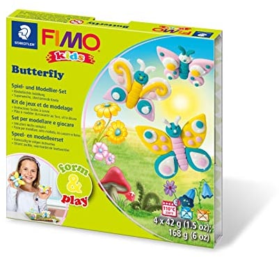 Staedtler 8034 10 LY Fimo kids form&play Set Butterfly (superweiche, ofenhärtende Knete, kinderleichte Anleitung, wiederverschließbare Box, Set mit 4 Fimo Blöcken, 1 Modellierstab und 1 Spielkulisse)