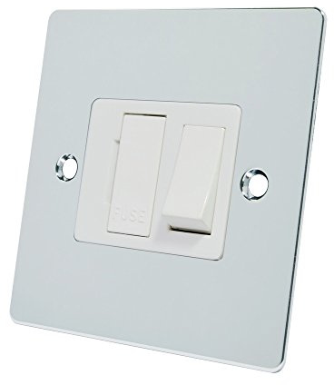 Polished Chrome Flat Switched Fused Spur White Insert Plastic Rocker Switch - 13 Amp Switched Fused Connection Unit
