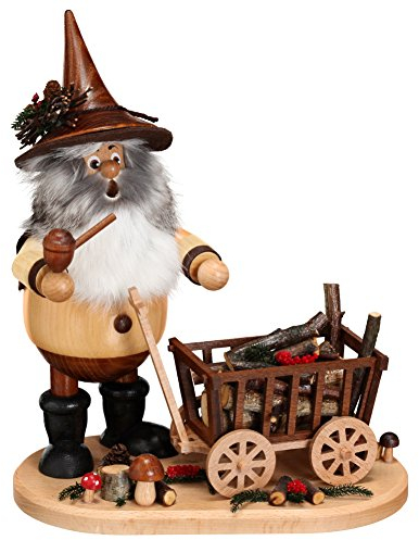 Drechselwerkstatt Uhlig DWU | Handgefertigter Waldwichtel | Traditionelles Räuchermännchen aus dem Erzgebirge | Weihnachtsdeko | 26 cm | mit Wagen