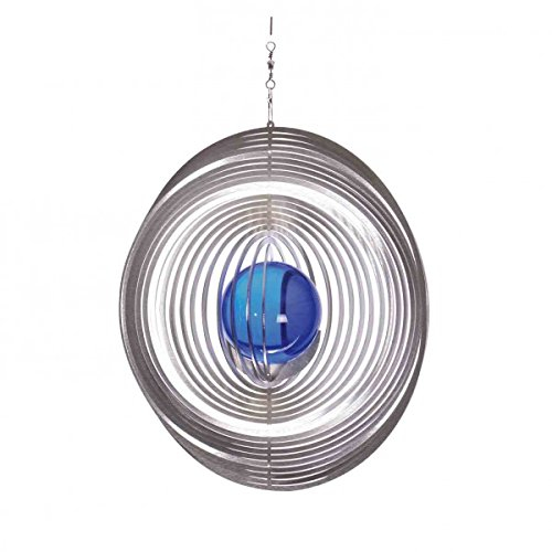 Illumino Edelstahl-Windspiel Kreis mit kobaltblauer 35mm Glaskugel
