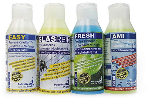4 Profi-Reinigungsmittel im praktischen Set | Hochkonzentrierte Reiniger in handlichen 100 ml Flaschen | Sehr ergiebig, tierversuchsfrei und umweltfreundlich | Reise- & Handgepäckstauglich