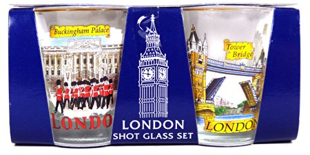 Shot Glasses Round Gold Rim with London Scens and Icons Print, Set of 2 Glasses