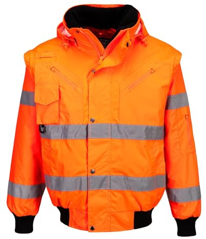 Portwest C467 Hi-Vis 3-in-1 Bomber Jacket Long Sleeve Knitted Cuffs and Hem | Orange, 2X Large, EN ISO 20471 Class 3, EN 343 Class 3:1, UPF 40+, Secure Storage, 2 Side Zip Pockets, Hook and Loop Closure