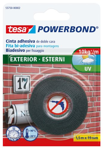 Tesa Powerbond Esterni - Nastro Biadesivo per Esterno - Nastro Adesivo Resistente ai Raggi Uv, All'Acqua e Alle Diverse Temperature - fino a 1 kg per 10 cm di Nastro - 1.5 m x 19 mm