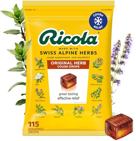 Ricola Original Herb Cough Drops, 115 Count, Cough Suppressant & Throat Relieving Drops with Naturally Sourced Menthol, Pleasing Herbal Taste for Coughs & Throat Irritation Symptom Relief