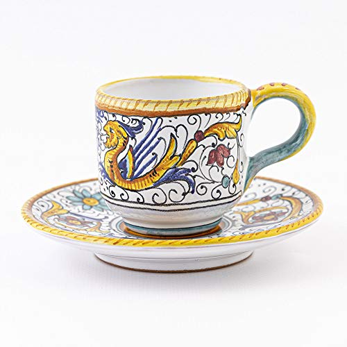 thatsArte.com - Italian Ceramic Espresso Cup & Saucer Raffaellesco, Deruta - Hand Painted Cup, Made in Italy Ceramics, Handmade Coffee Cups, Small Cup Pottery, Italian Ceramics Deruta, Italian Pottery