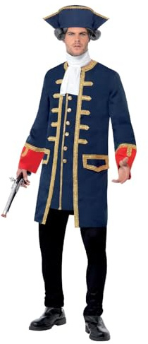 Smiffys Pirate Commander Costume - Blue Coat, Cravat and Hat - Fancy Dress