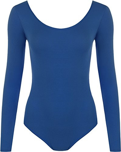 WearAll New Ladies Stretch Bodysuit Long Sleeve Top Womens Leotard Blue 12/14